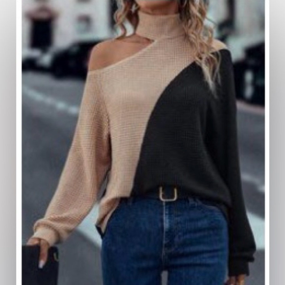 Asymmetrical off the shoulder LS waffle knit, 2 tone color sweater